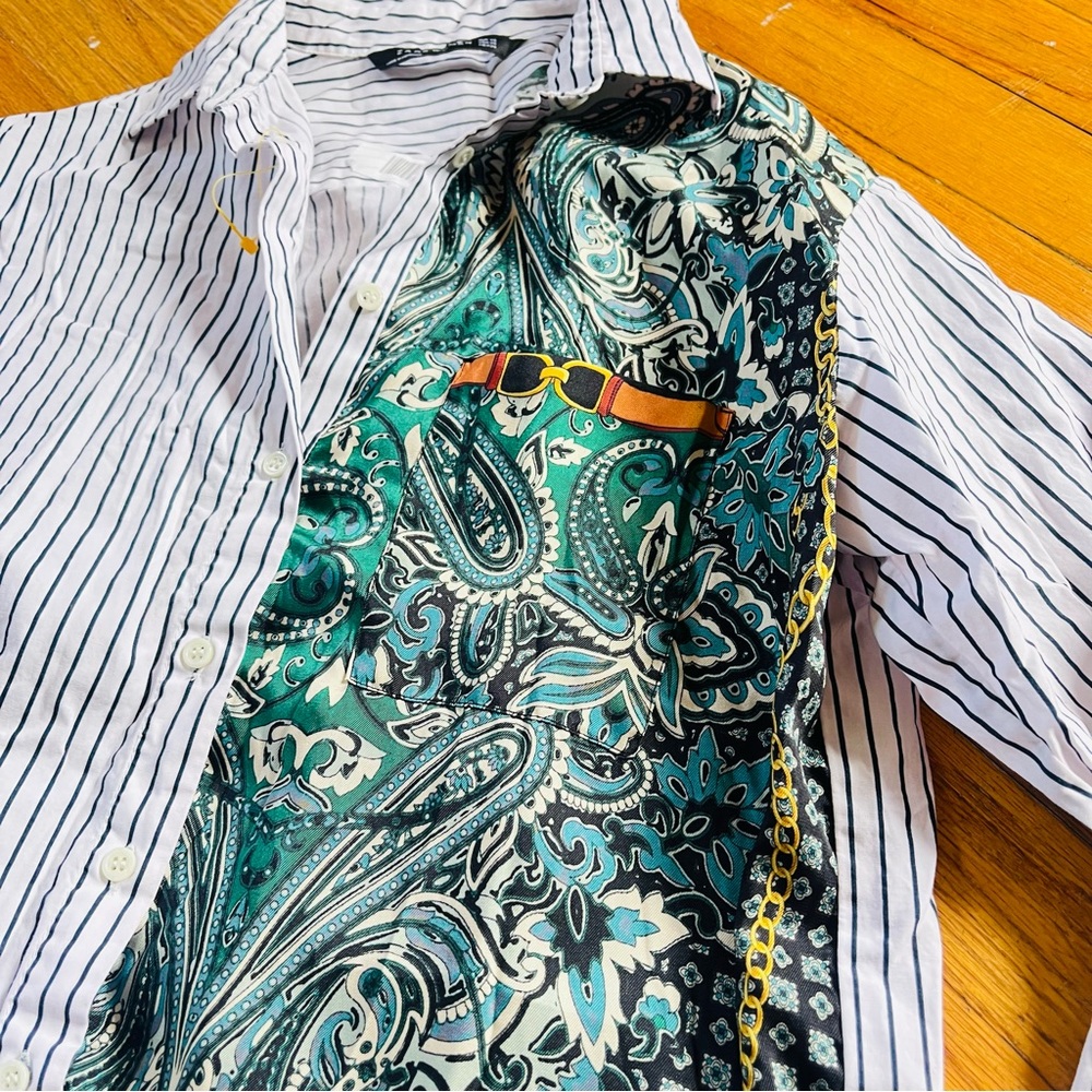 ZARA Woman Mixed Print Button Down – Blue Stripe Paisley – XS - Picture 3 of 5